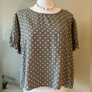 DownEast Women’s Gray/White Polka-Dot Blouse, Shoulder Sleeve Tie - Sz XL